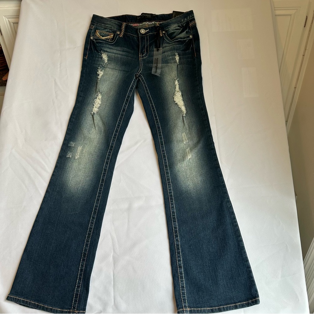 Rue21 Twenty One Black, Dark Blue Distressed Flare Jeans NWT